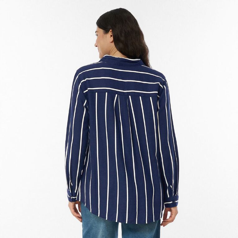 H&H Women's Long Sleeve Essential Linen Blend Shirt, Navy/White, hi-res