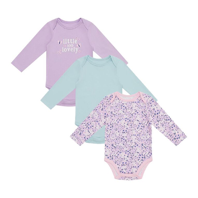 Young Original Babys' Long Sleeve Printed Bodysuit 3 Pack, Purple Light LOVELY, hi-res