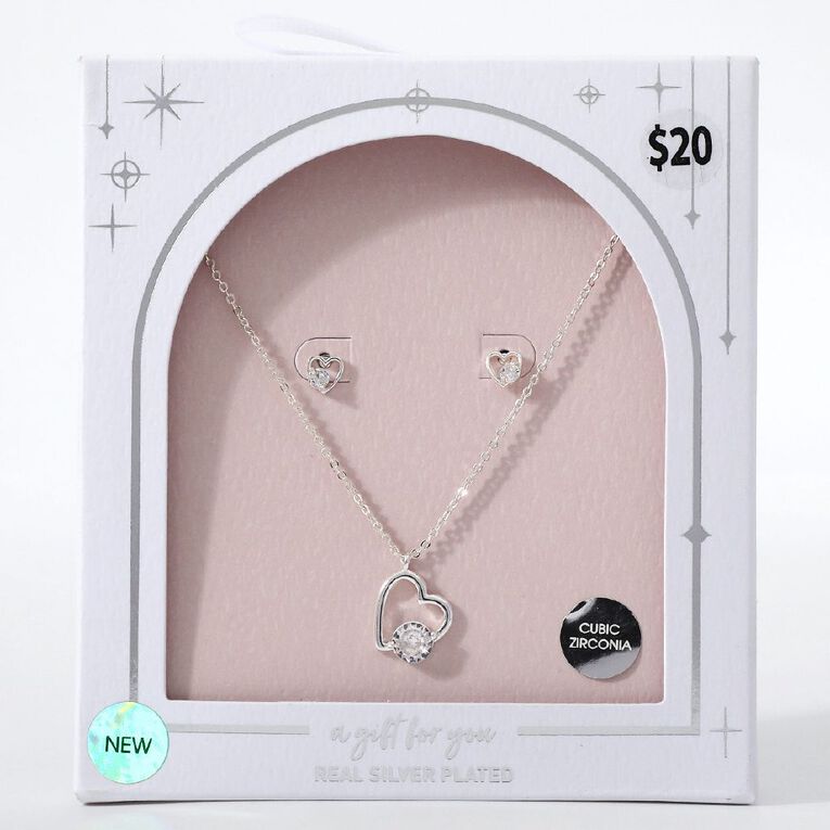 Heart Earrings & Necklace Set Silver Plated, , hi-res