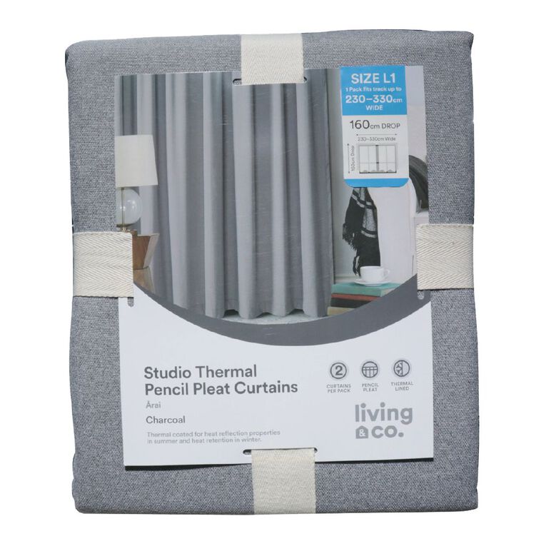Living & Co Studio Curtains Charcoal 150-230cm Wide/160cm Drop, Charcoal, hi-res