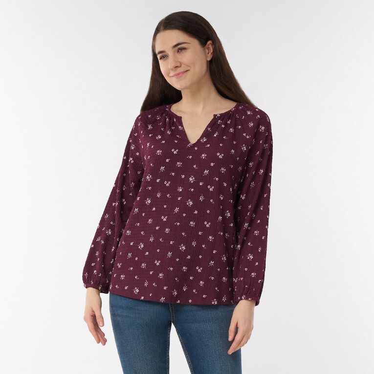 H&H Women's V Neck Gathered Top, Red Dark, hi-res