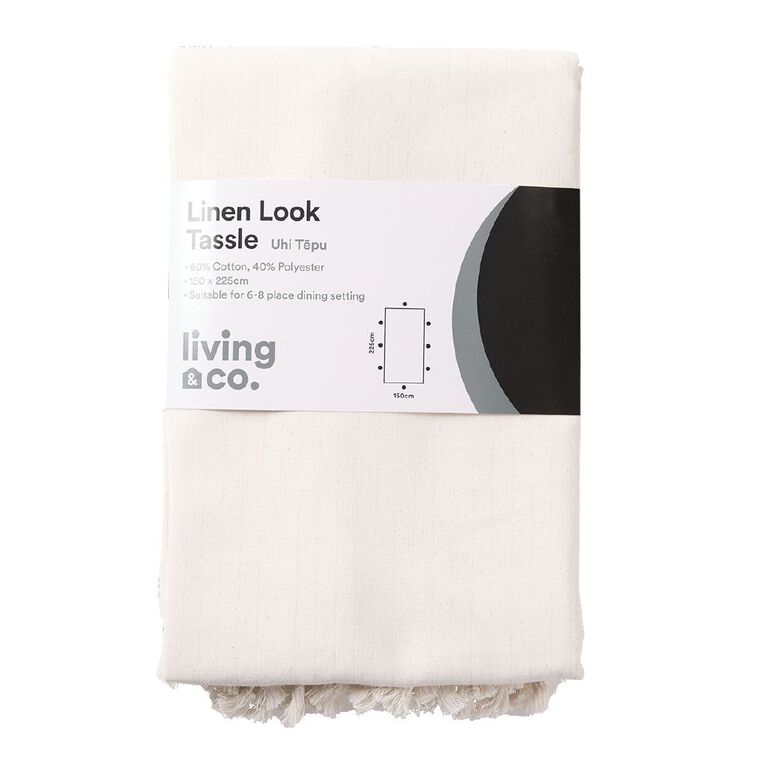 Living & Co Tablecloth Linen Look Tassle Edge Natural 150cm x 225cm, , hi-res
