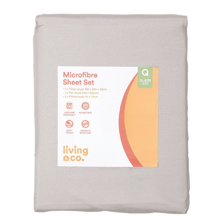 Living & Co Microfibre Sheet Set Grey Queen, Grey, hi-res