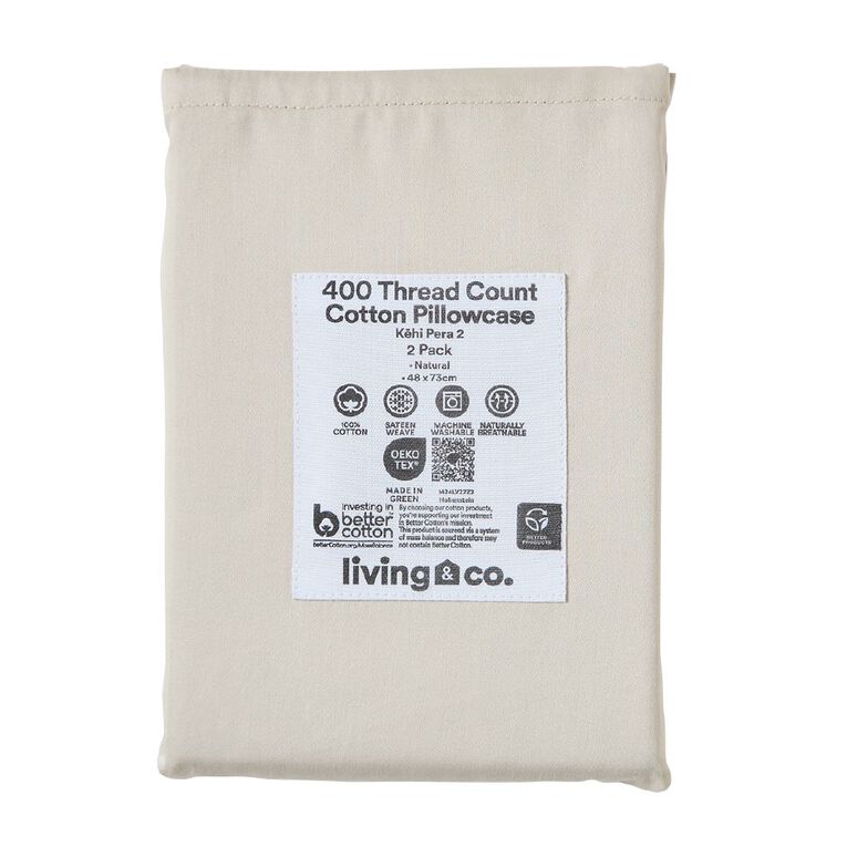 Living & Co 4OOTC Sateen Cotton Pillowcase 2pk Natural, , hi-res
