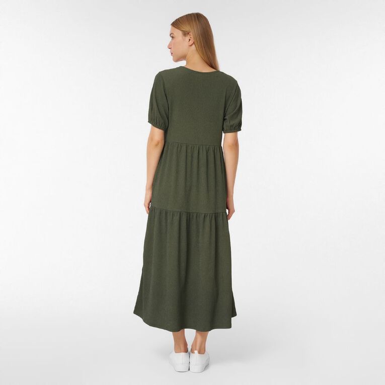 H&H Womens' Short Sleeves Puff V-Neck Tiered Midi, Green Dark, hi-res