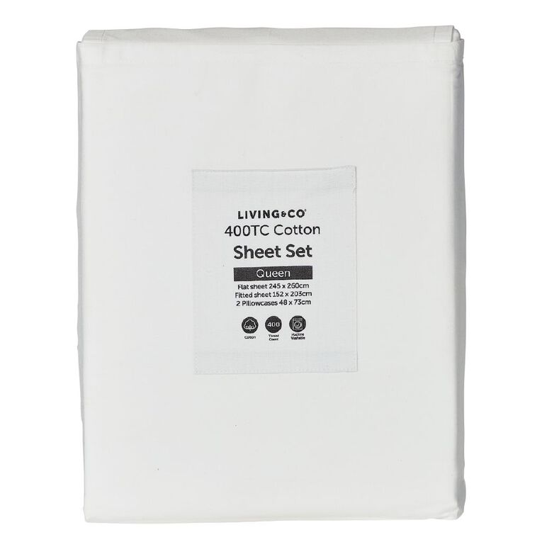 Living & Co Cotton 400 Thread Count Sheet Set White Queen, White, hi-res