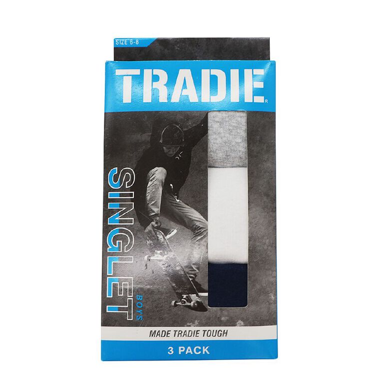 Tradie Boys' Rib Singlet 3 Pack, Navy/White, hi-res