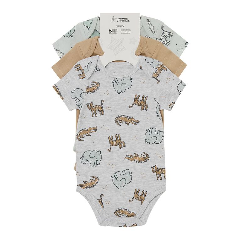 Young Original Babies' Short Sleeve Printed Bodysuit 3 Pack, Grey Light, hi-res