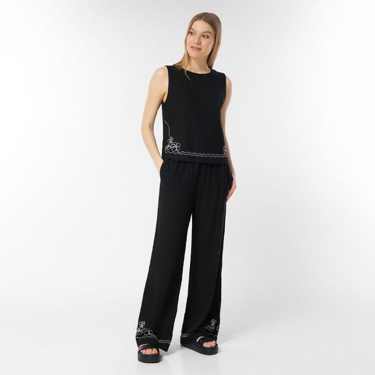 H&H Women's Wide Leg Linen Embroidery Pants, Black, hi-res