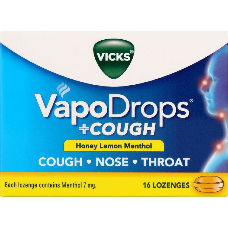 Vicks VapoDrops + Cough Honey Lemon Menthol Lozenges 16 Pack, , hi-res