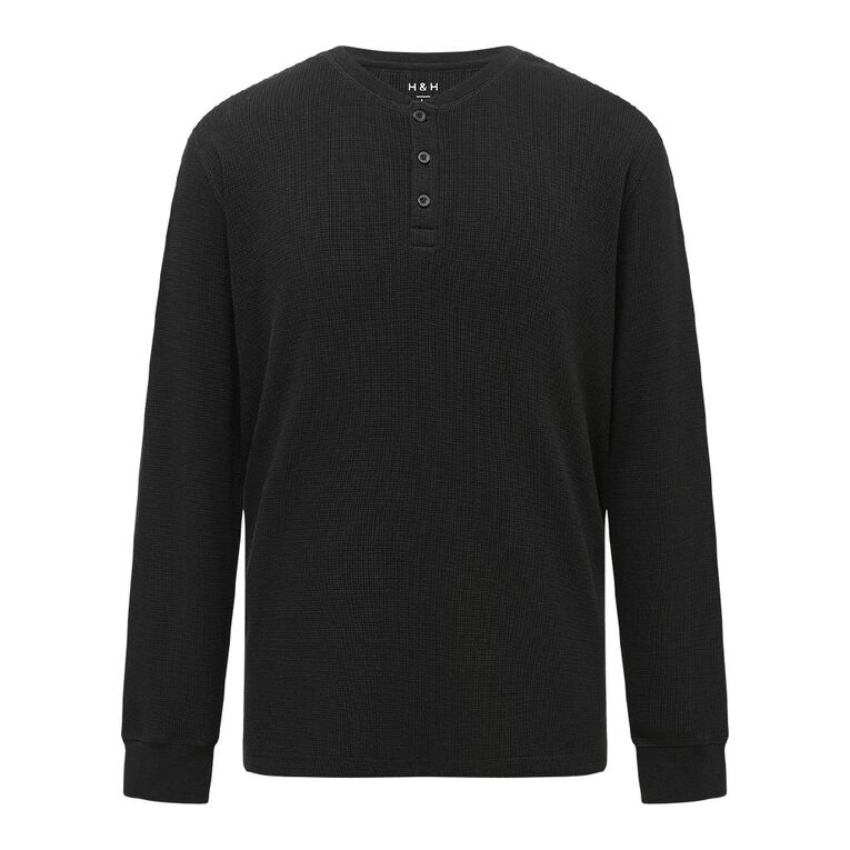 H&H Men's Waffle Henley Tee, Black, hi-res