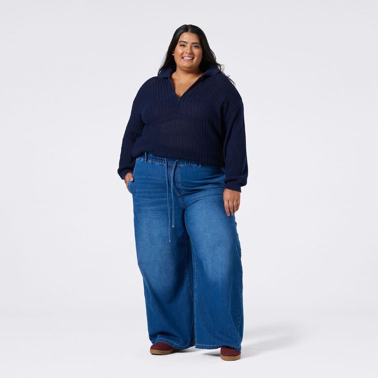 H&H Curve Women's Pull On Wide Leg Jeans, Denim Mid, hi-res