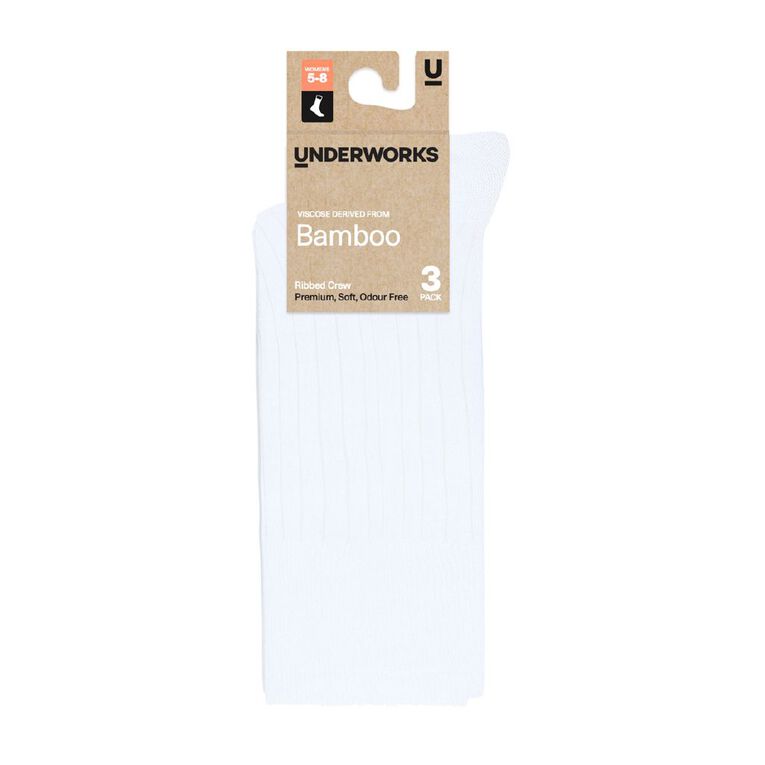 Underworks Women's Bamboo Crew Socks 3 Pack, White, hi-res