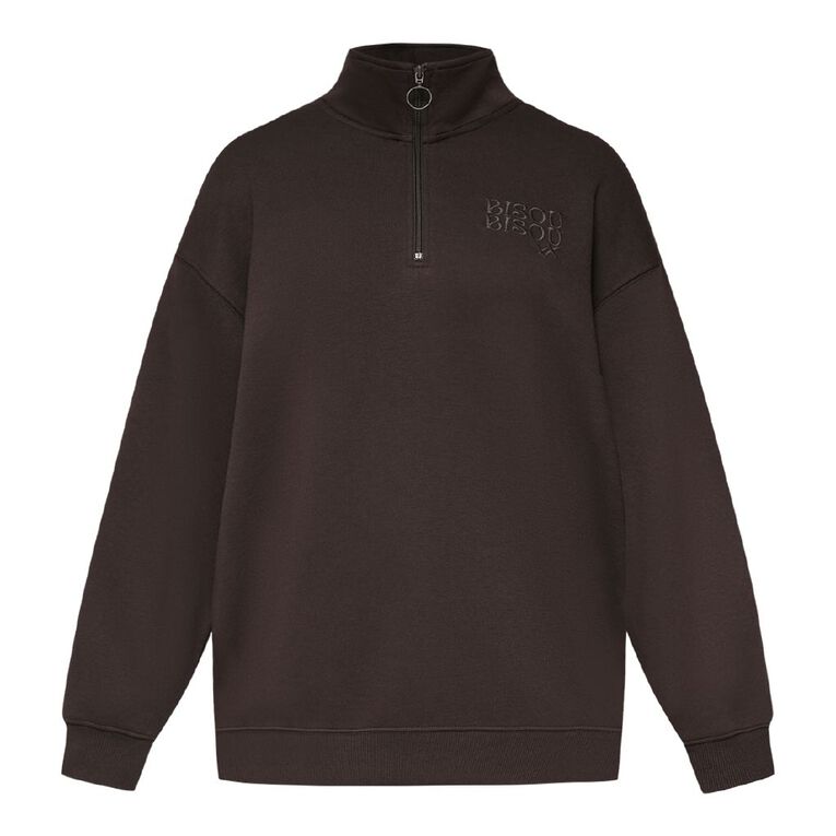 H&H Women's Long Sleeve Oversized BF 1/4 Zip, Brown Dark, hi-res