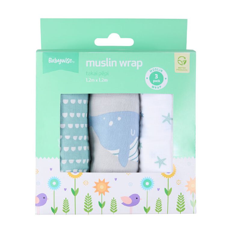 Babywise Muslin Wrap 3 Pack Whale, , hi-res