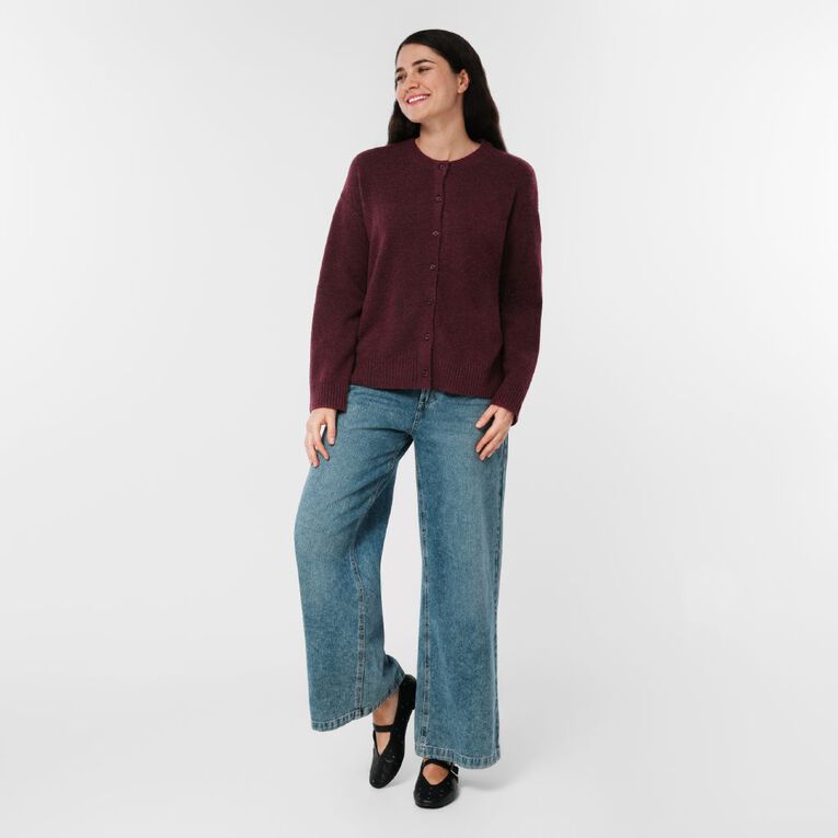 H&H Women's Cosy Oversized Crew Cardigan, Red Dark, hi-res