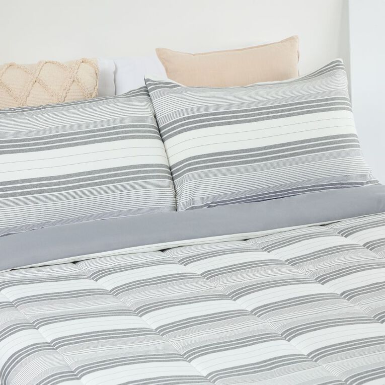 Living & Co 3 Piece Comforter Set Yarn Dye Stripe Grey Queen, , hi-res