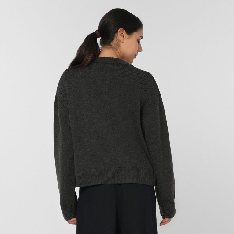 H&H Women's Chunky Button Crew Cardigan, Charcoal/Marle, hi-res
