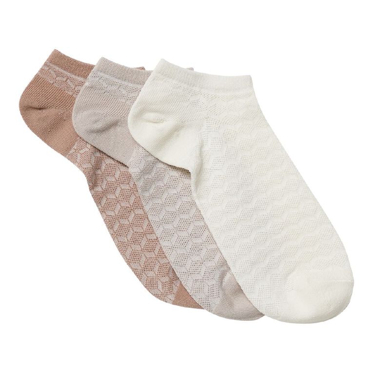 H&H Women's Patterend Ankle Socks 3 Pack, Cream, hi-res
