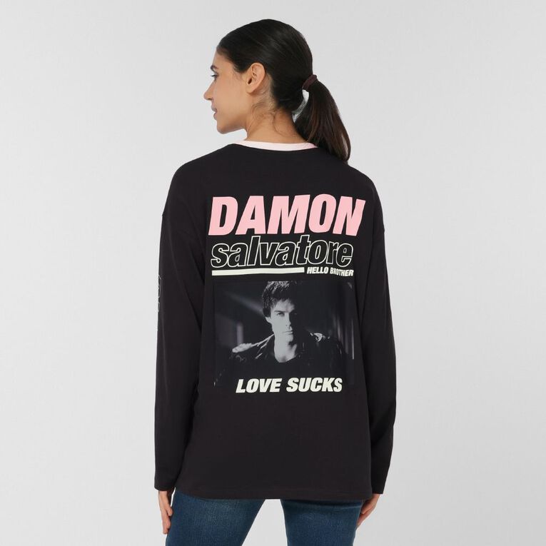 Warner Bros. Women's Long Sleeve Vampire Dairies Damon Top, Black, hi-res