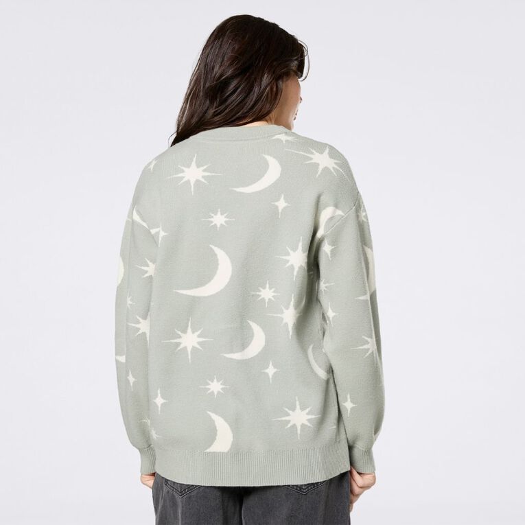 H&H Women's Star Jacquard Cardigan, Green Mid, hi-res