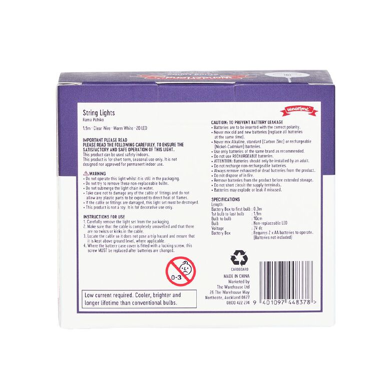 Wonderland Christmas Battery String Lights 20 Warm White LEDs 1.9m, , hi-res