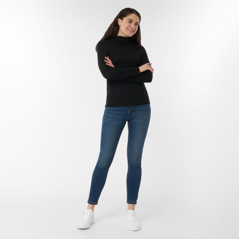 H&H Women's Merino Blend Roll Neck Top, Black, hi-res