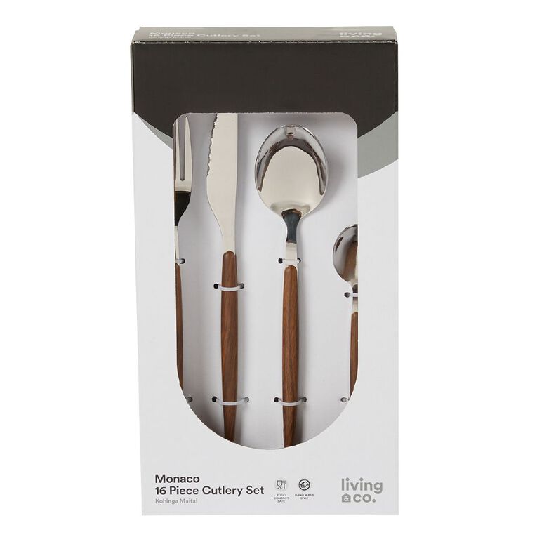 Living & Co Monaco Wooden Inlay Cutlery Set Brown Dark 16 Piece, , hi-res
