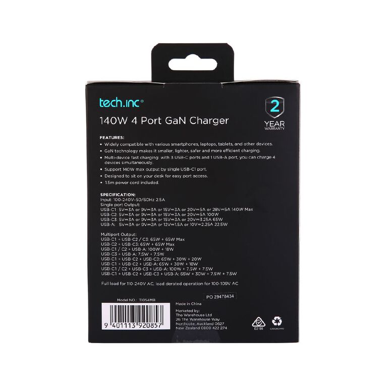 Tech.Inc 140W 3 Port USB C + USB A Gan Fast Charger TI054MB, , hi-res