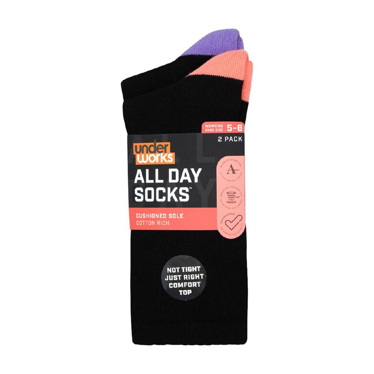 Underworks Womens' All day Cushion Crew Socks 2 Pack Black The Warehouse