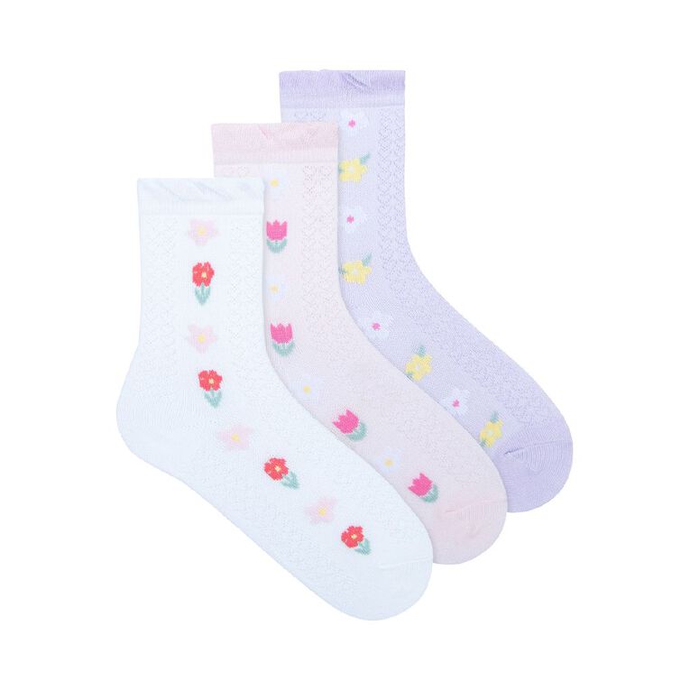 Underworks Girls' Jacquard Fashion Crew Socks 3 Pack, Pink, hi-res
