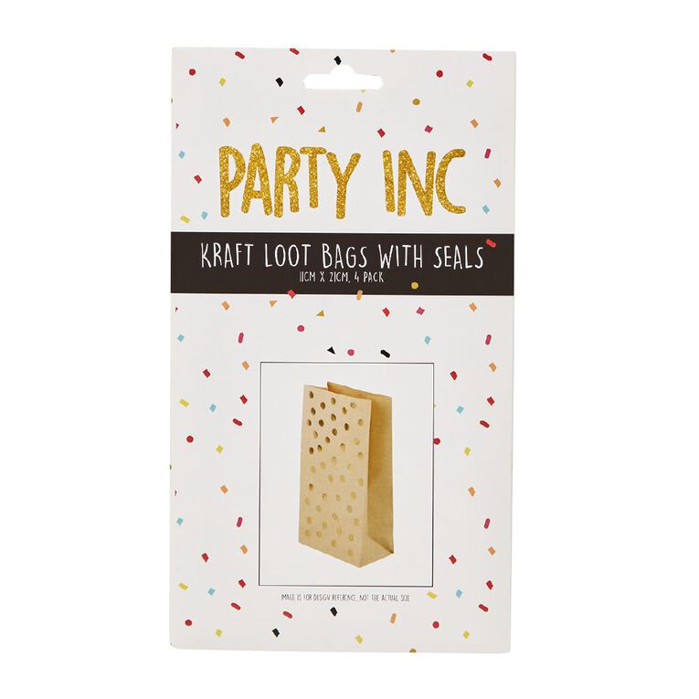 Party Inc Kraft Loot Bags with Seals Gold Spots 21.5cm x 12cm 4 Pack, , hi-res