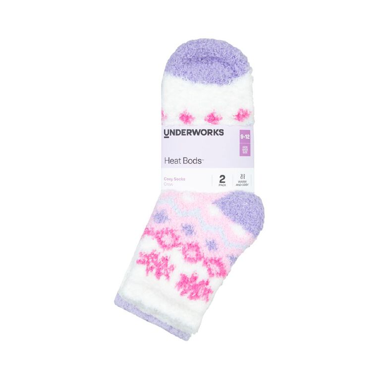 Underworks Girls' Textured Crew Socks 2 Pack, Purple, hi-res