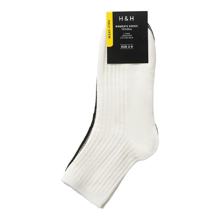 H&H Women's Cable Jacquard Quarter Crew Socks 3 Pack, Cream, hi-res
