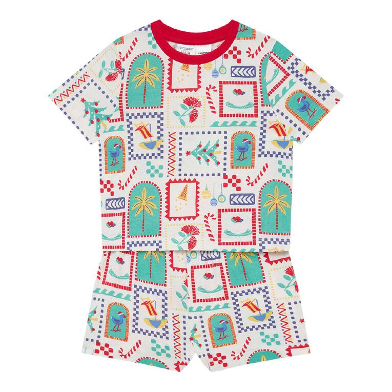 H&H Boys' Family Christmas Tee and Shorts Pyjama Set, Cream, hi-res