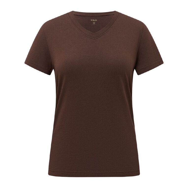 H&H Women's Essential Short Sleeve V-Neck Tee, Brown Dark, hi-res