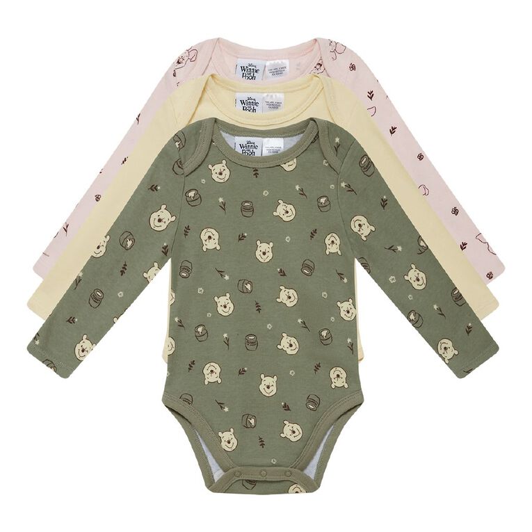 Winnie the Pooh Babies' Long Sleeve Printed Bodysuit 3 Pack, Yellow Light, hi-res