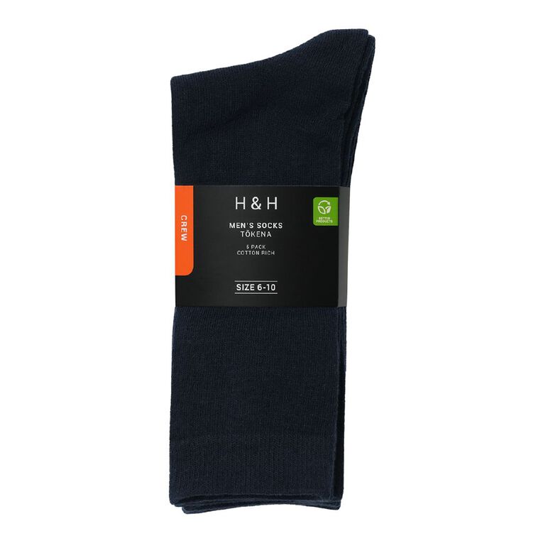 H&H Men's Plain Crew Socks 5 Pack, Navy, hi-res