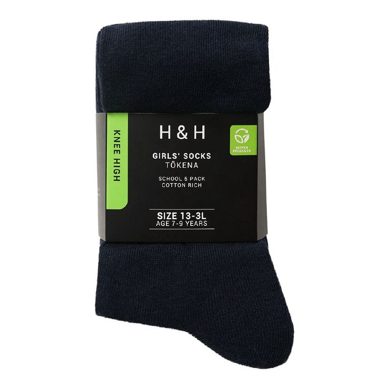 H&H Girls' School Knee High Socks 5 Pack, Navy, hi-res