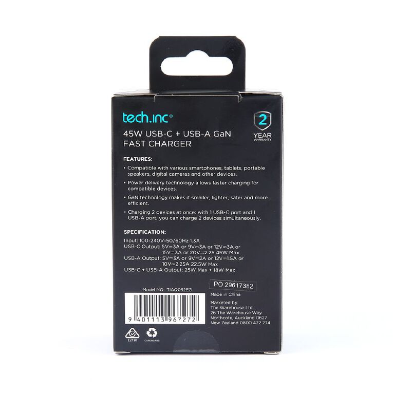 Tech.Inc 45W USB-C + USB-A GaN Fast Charger, , hi-res