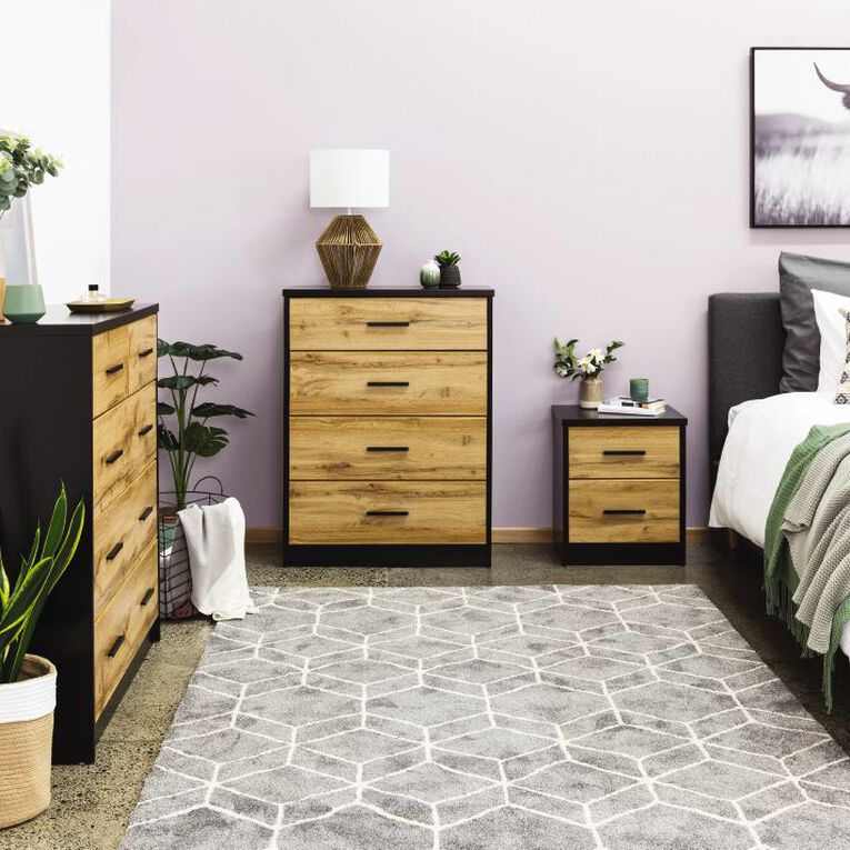Living & Co Takiwira 2 Drawer Bedside Table Black, , hi-res