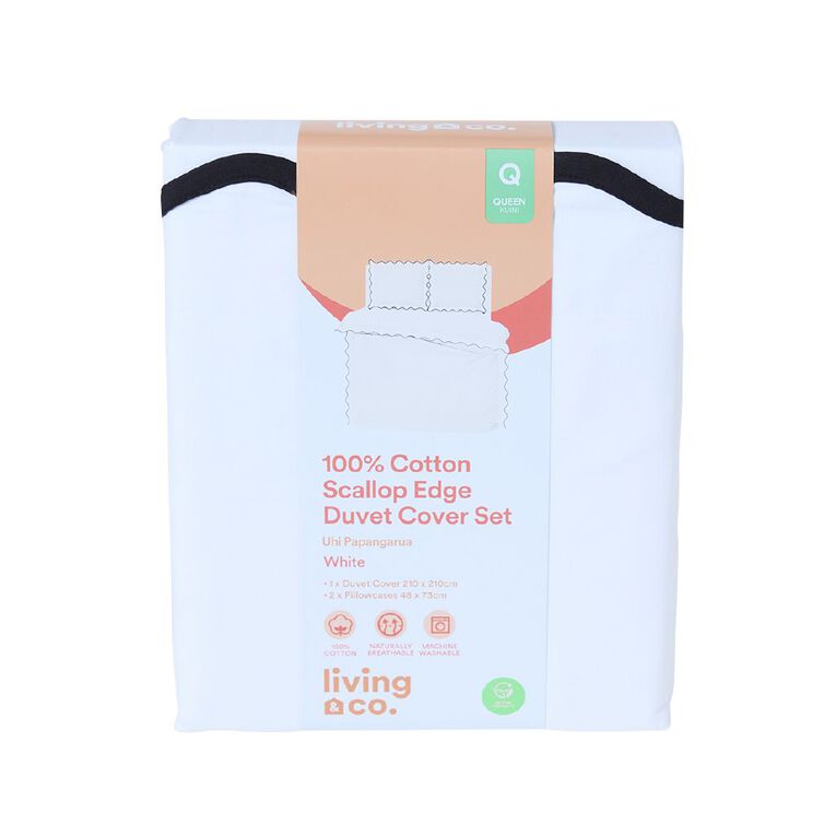 Living & Co 190 Thread Count Scallop Duvet Cover Set White Queen, White, hi-res