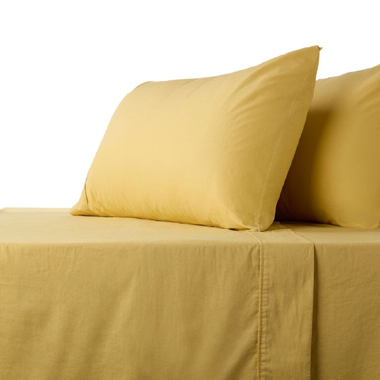 Living & Co 100% Washed Cotton Sheet Set Yellow Double, , hi-res