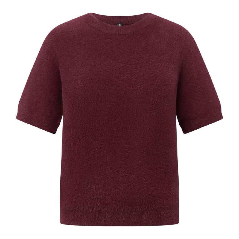 H&H Women's Short Sleeve Fluffy Knit Jumper, Red Dark, hi-res