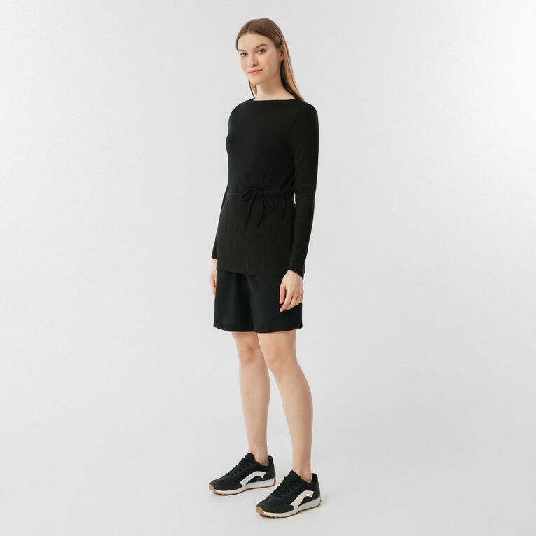 H&H Women's Long Sleeve Ribbed Tie Waist Top, Black, hi-res