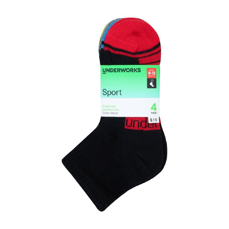 Underworks Kids' Quarter Crew Sport Socks 4 Pack, Black S25 BBL2, hi-res
