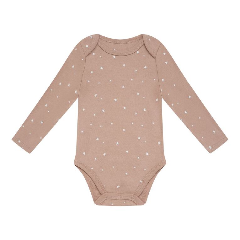 Young Original Babies' Long Sleeve Printed Bodysuit 3 Pack, Brown Light STARS, hi-res