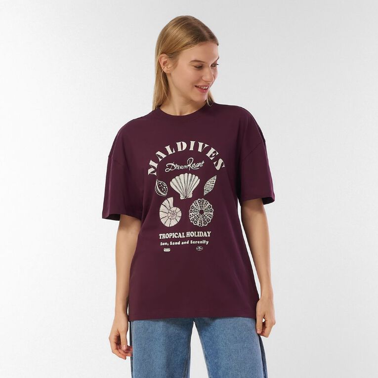 H&H Women's Short Sleeve Boyfriend Graphic Tee, Purple Dark, hi-res