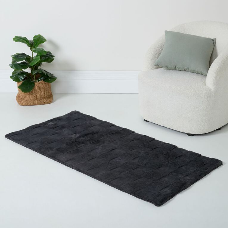 Living & Co Rug Faux Fur Grid Grey Dark 70 x 140cm, , hi-res