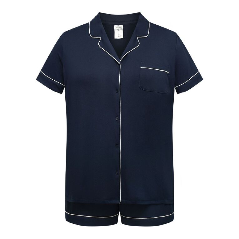 H&H Women's Curve Comfy Short Sleeve Button Through Pyjama Set, Blue Dark, hi-res